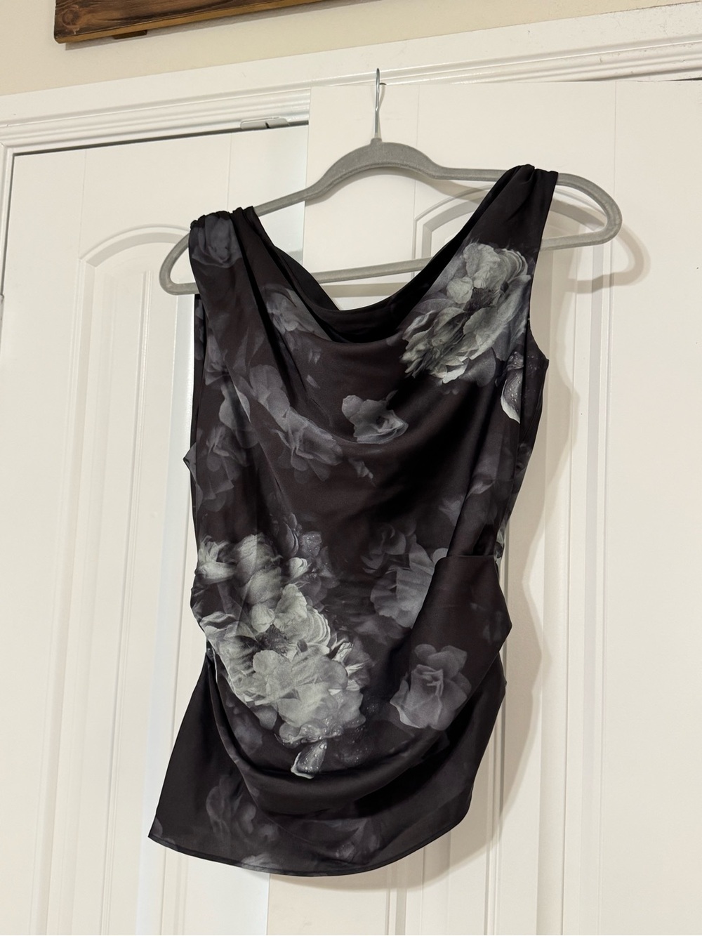 White House Black Market Black Floral Draped Cowl Neck Sleeveless Top